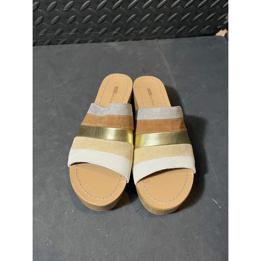 Matiko Platform Slide Sandals Womens 37 Tan Gold Suede Metallic Striped Wedge
